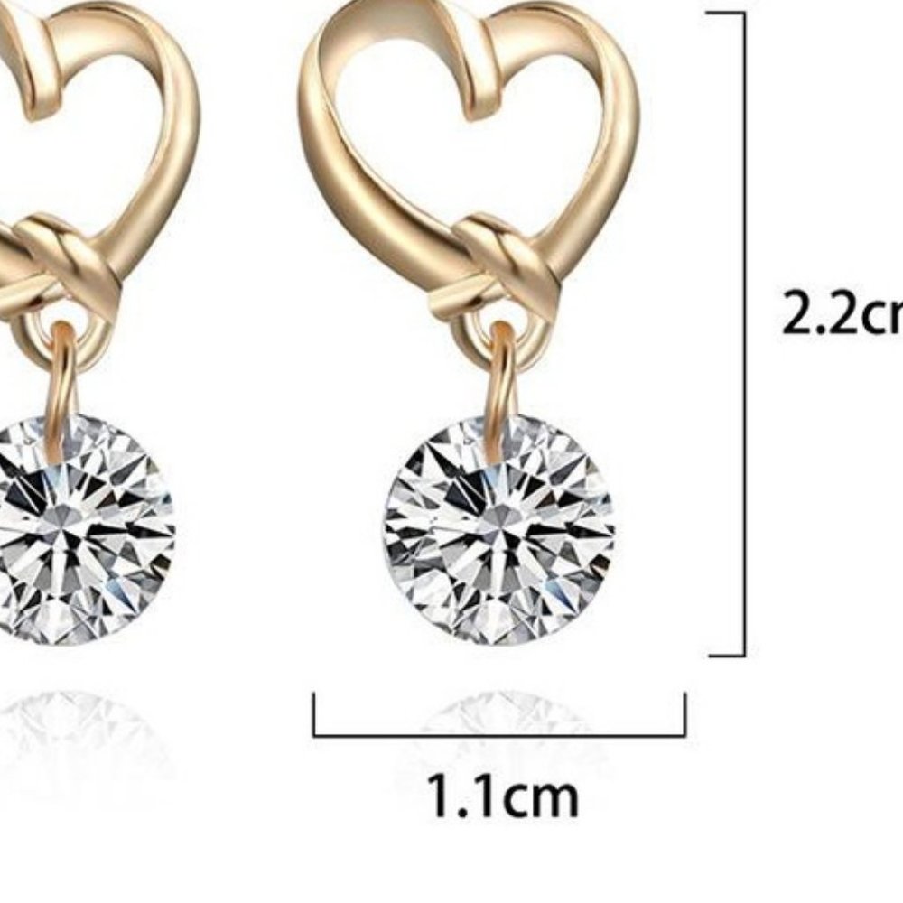 NEW Gold Heart Stud with Dangling Crystal Earrings Women GORGEOUS DAINTY Sweet - Picture 4 of 5